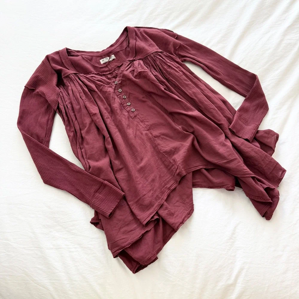 Free People Lyrical Tunic Burgundy Ribbed Long Sleeve Top Extra Small